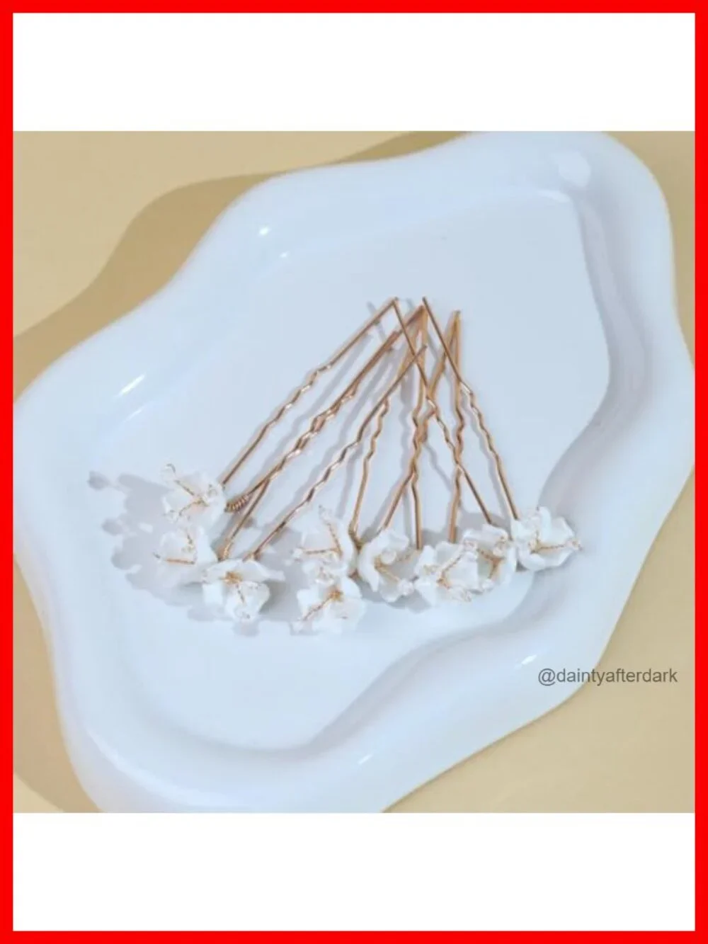 Handmade Pearl Bridal Hair Pins, White Ceramic Flowers, Gold Leaf, 6pcs